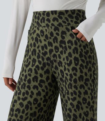 Pantalon large décontracté taille haute gaufré imprimé léopard avec poches Pantalon large décontracté taille haute gaufré imprimé léopard avec poches