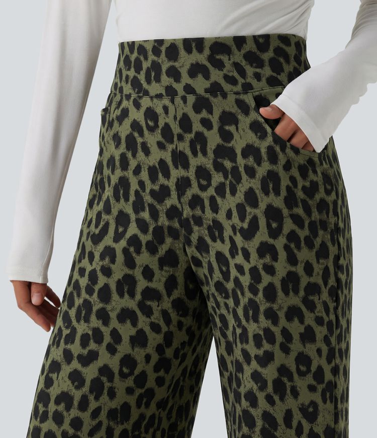 Pantalon large décontracté taille haute gaufré imprimé léopard avec poches Pantalon large décontracté taille haute gaufré imprimé léopard avec poches