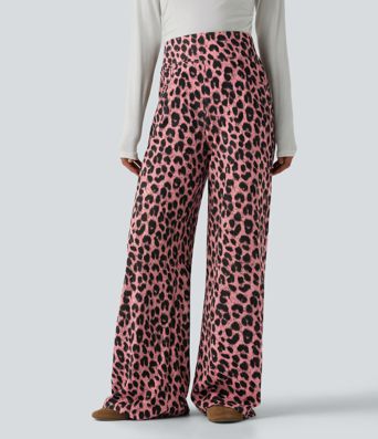 High Waisted Leopard Waffle Casual Baggy Pants with Pockets