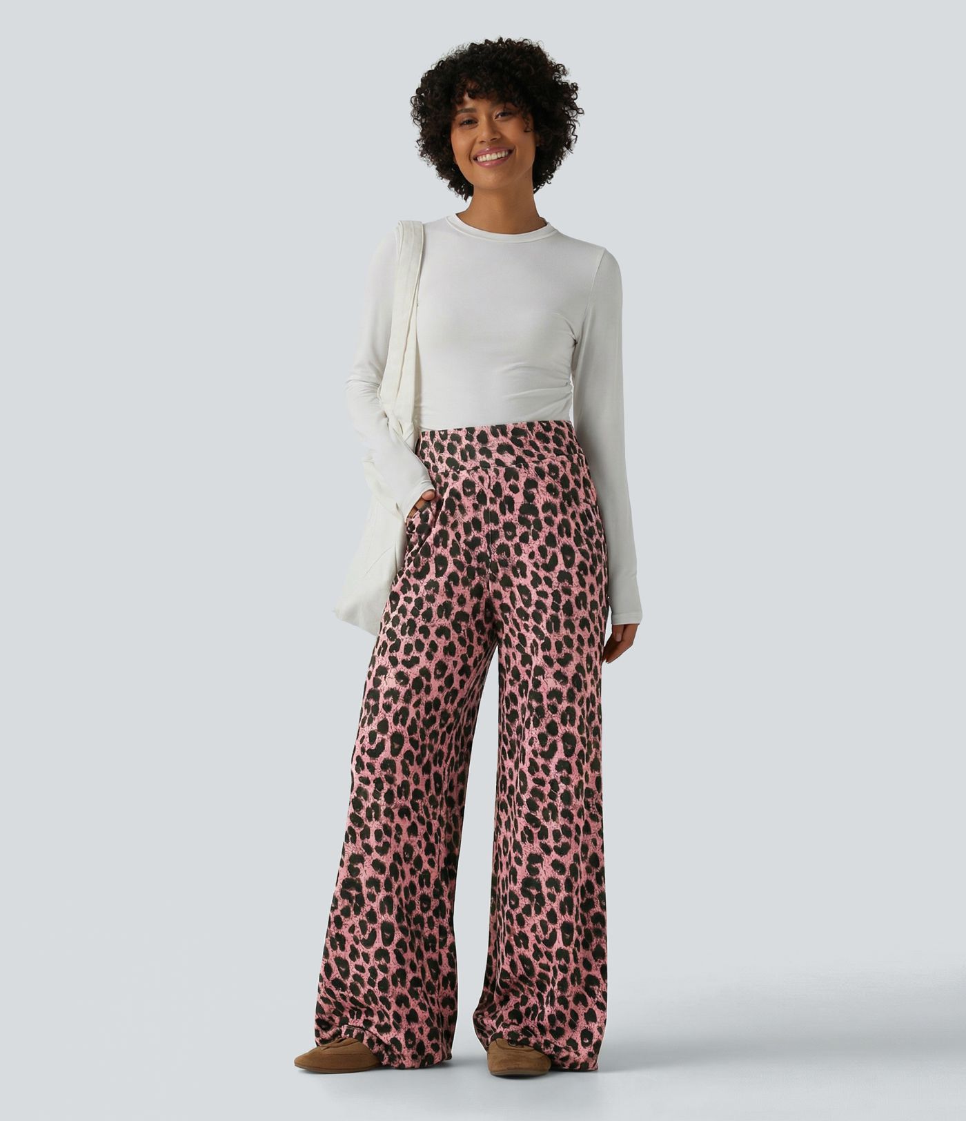 High Waisted Leopard Waffle Casual Baggy Pants with Pockets