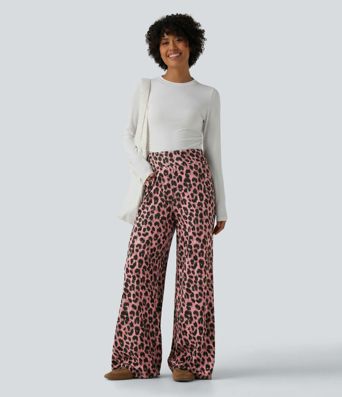 High Waisted Leopard Waffle Casual Baggy Pants with Pockets