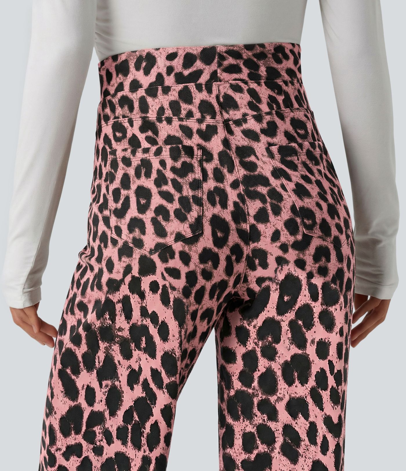 High Waisted Leopard Waffle Casual Baggy Pants with Pockets