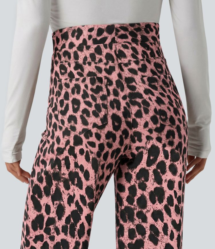High Waisted Leopard Waffle Casual Baggy Pants with Pockets
