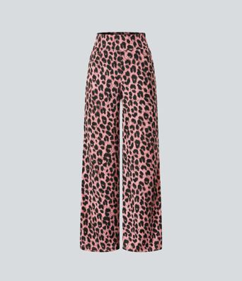 High Waisted Leopard Waffle Casual Baggy Pants with Pockets