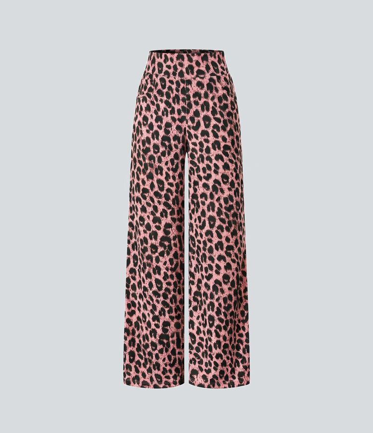 High Waisted Leopard Waffle Casual Baggy Pants with Pockets