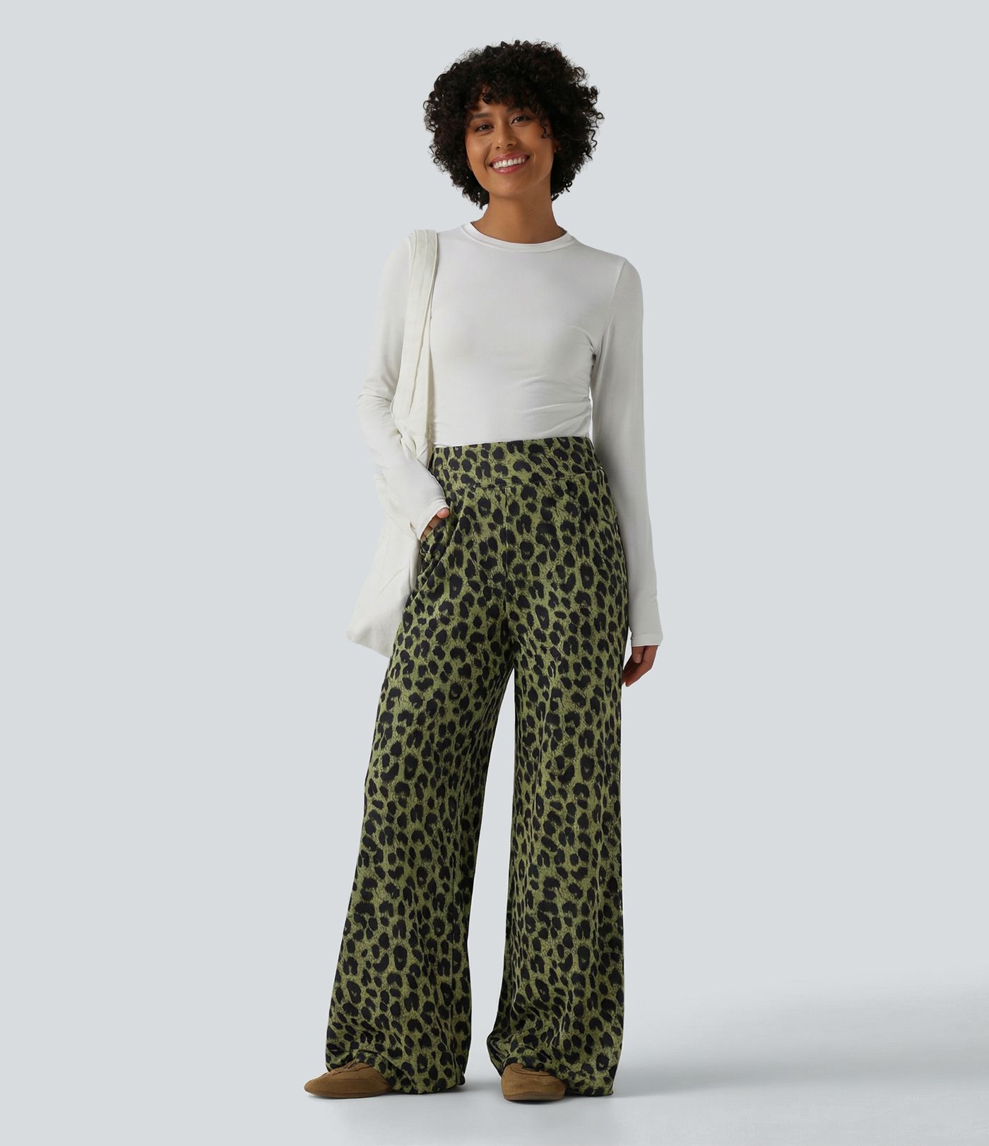 Pantalon large décontracté taille haute gaufré imprimé léopard avec poches Pantalon large décontracté taille haute gaufré imprimé léopard avec poches