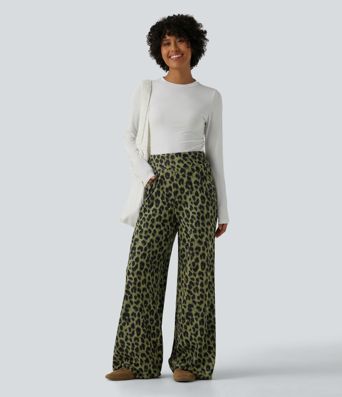 Pantalon large décontracté taille haute gaufré imprimé léopard avec poches Pantalon large décontracté taille haute gaufré imprimé léopard avec poches