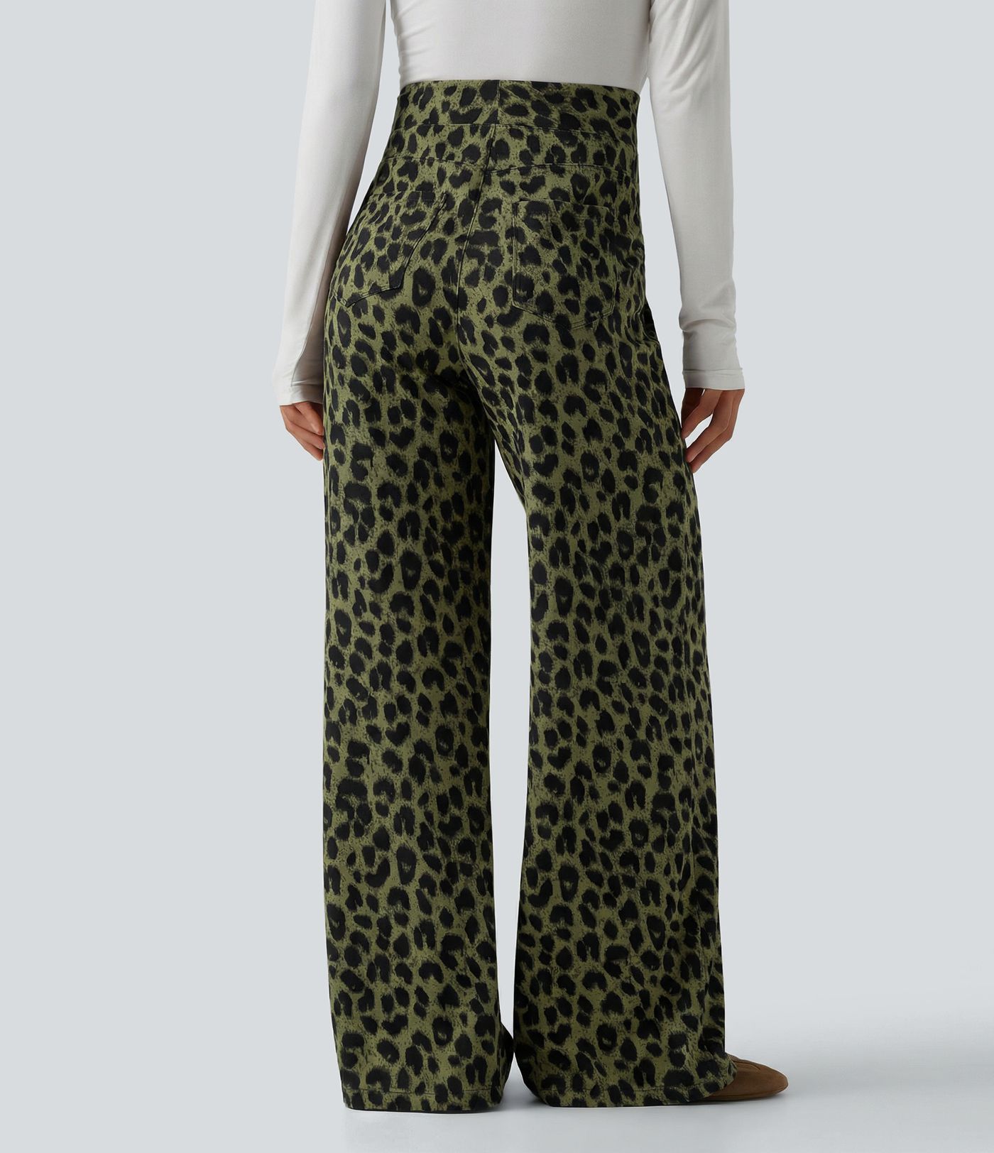 Pantalon large décontracté taille haute gaufré imprimé léopard avec poches Pantalon large décontracté taille haute gaufré imprimé léopard avec poches