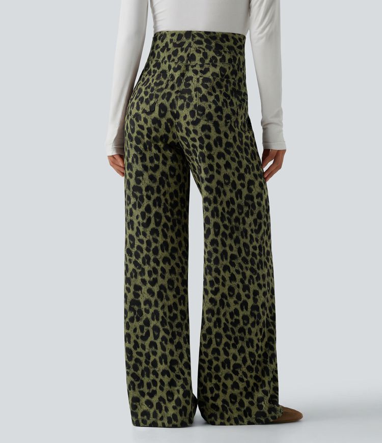 Pantalon large décontracté taille haute gaufré imprimé léopard avec poches Pantalon large décontracté taille haute gaufré imprimé léopard avec poches