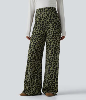 Pantalon large décontracté taille haute gaufré imprimé léopard avec poches Pantalon large décontracté taille haute gaufré imprimé léopard avec poches