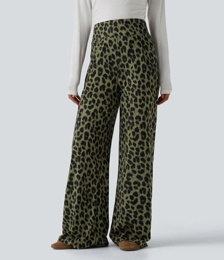 Pantalon large décontracté taille haute gaufré imprimé léopard avec poches Pantalon large décontracté taille haute gaufré imprimé léopard avec poches