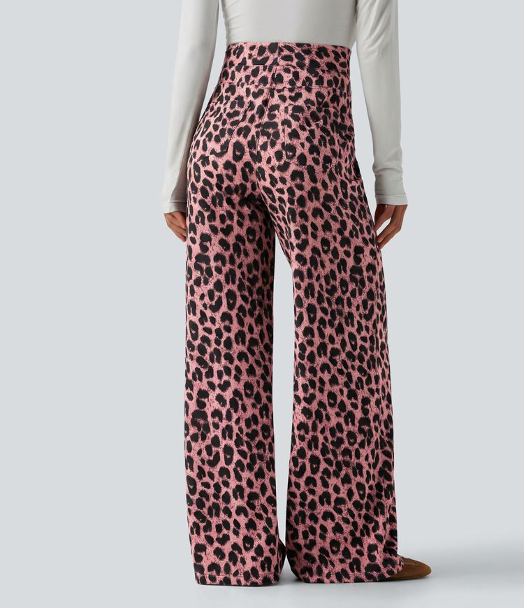 High Waisted Leopard Waffle Casual Baggy Pants with Pockets