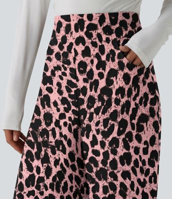 High Waisted Leopard Waffle Casual Baggy Pants with Pockets