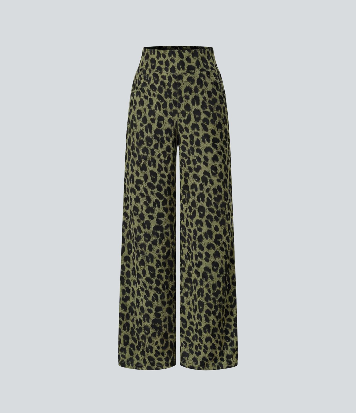 Pantalon large décontracté taille haute gaufré imprimé léopard avec poches Pantalon large décontracté taille haute gaufré imprimé léopard avec poches