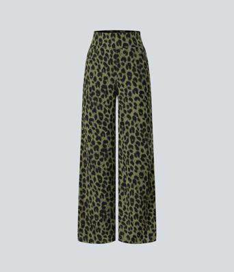 Pantalon large décontracté taille haute gaufré imprimé léopard avec poches Pantalon large décontracté taille haute gaufré imprimé léopard avec poches