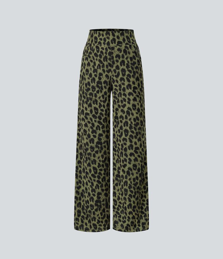Pantalon large décontracté taille haute gaufré imprimé léopard avec poches Pantalon large décontracté taille haute gaufré imprimé léopard avec poches