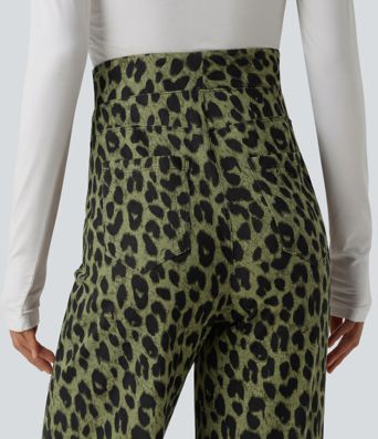 Pantalon large décontracté taille haute gaufré imprimé léopard avec poches Pantalon large décontracté taille haute gaufré imprimé léopard avec poches