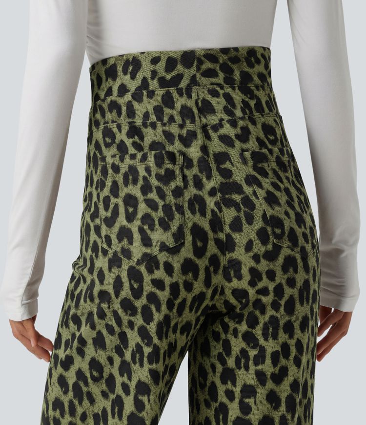 Pantalon large décontracté taille haute gaufré imprimé léopard avec poches Pantalon large décontracté taille haute gaufré imprimé léopard avec poches