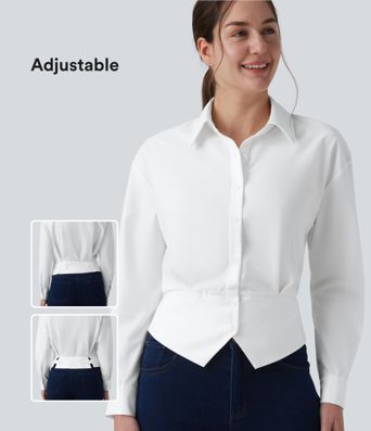 Collar Long Sleeve Adjustable Cinched Waist Work Shirt