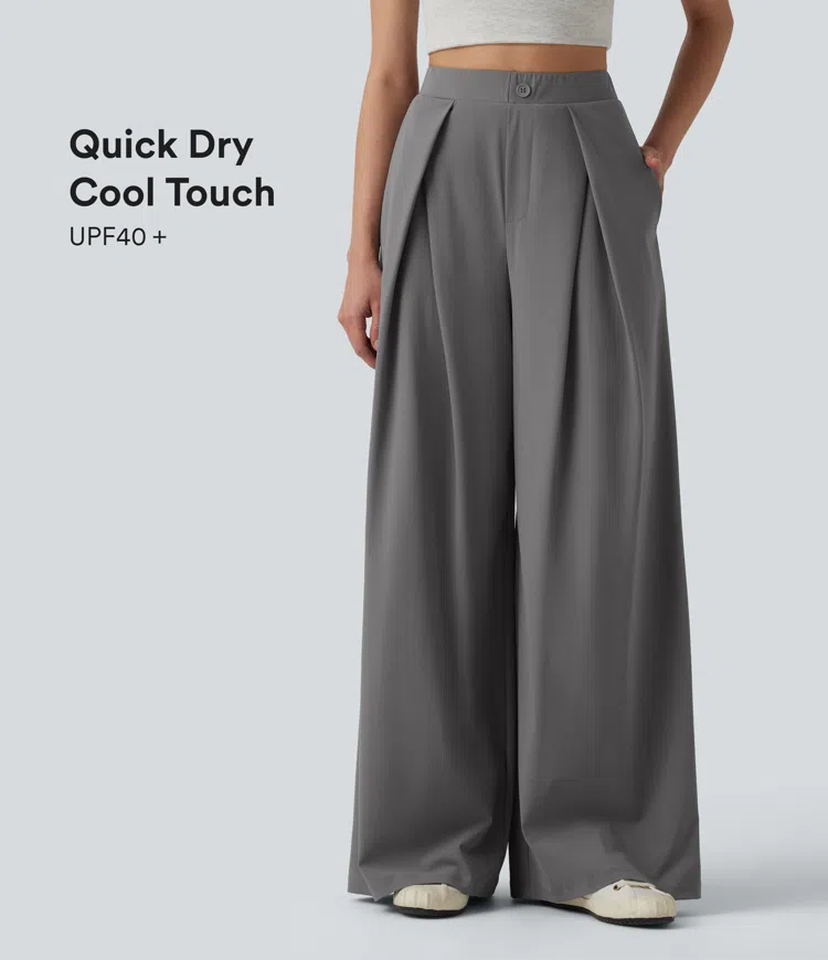 High Waisted Wide Leg Baggy Quick Dry Cool Touch Work Pants with Pockets-UPF40+
