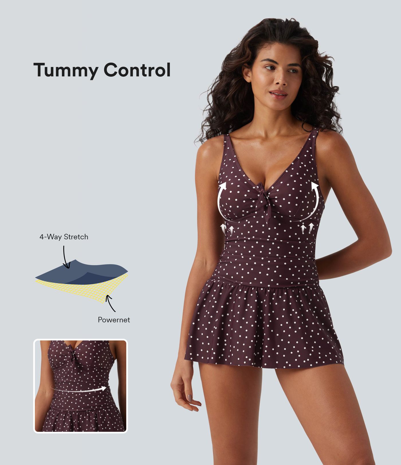 2-in-1 Badeanzug mit V-Ausschnitt, Bauchkontrolle und Polka-Dot-Design - Push-Up