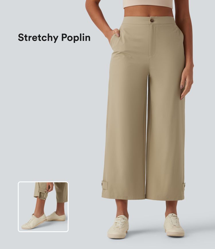 Ležerne poplinske hlače visokog struka, ravnog kroja i rastezljive, s džepovima