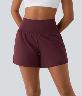 Super hoch taillierte 2-in-1-Yoga-Shorts mit Gesäßtasche und Seitentasche-längerer Länge