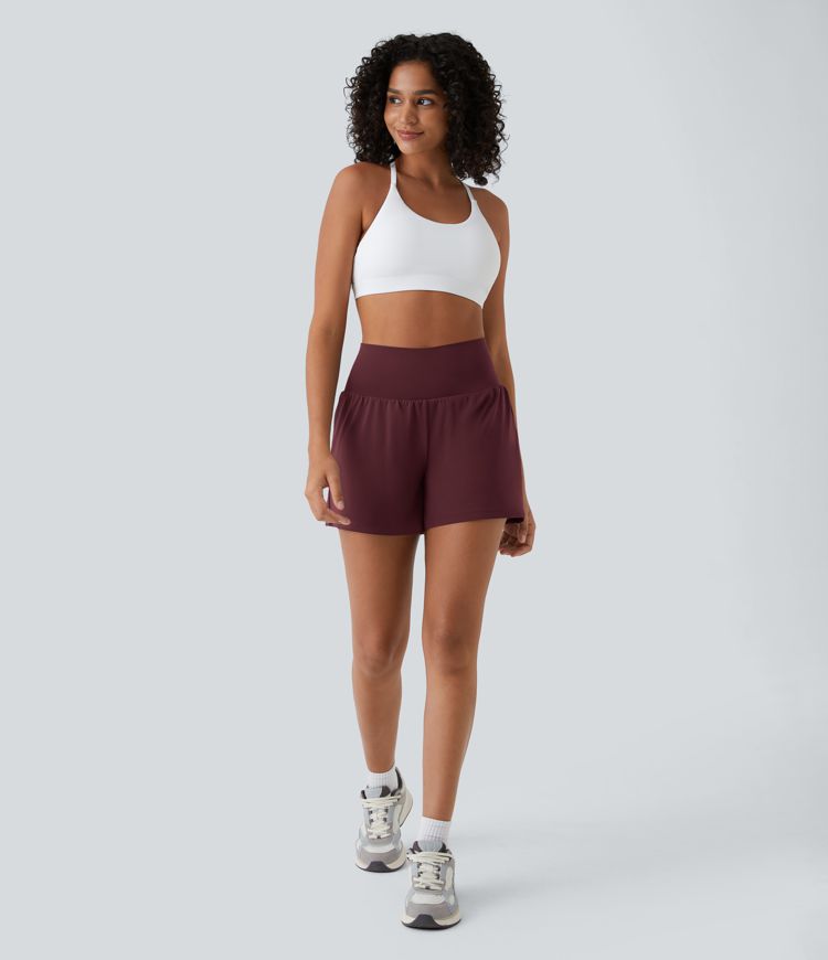 Super hoch taillierte 2-in-1-Yoga-Shorts mit Gesäßtasche und Seitentasche-längerer Länge