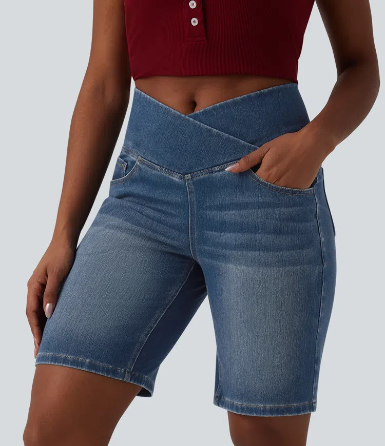 Halara Flex™ High Waisted Crossover Tummy Control Denim Casual Bermuda Shorts with Pockets