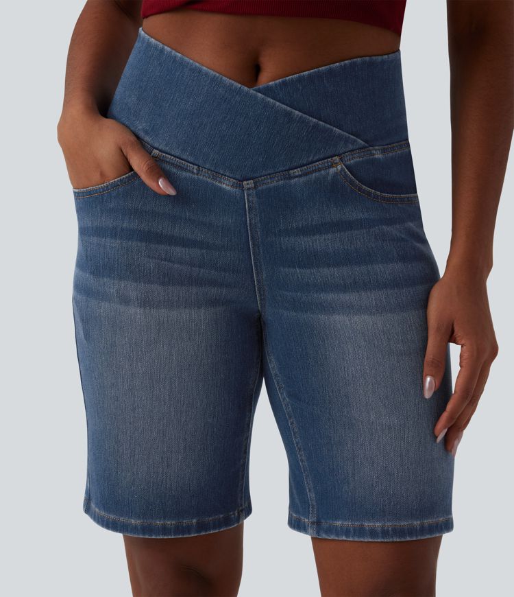 Halara Flex™ High Waisted Crossover Tummy Control Denim Casual Shorts with Pockets