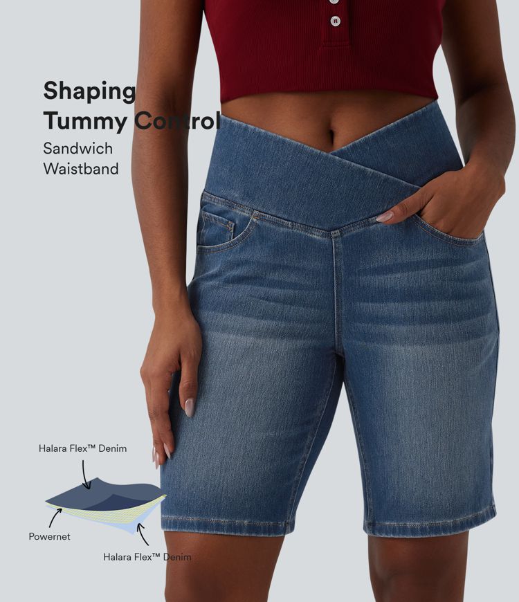 Halara Flex™ High Waisted Crossover Tummy Control Denim Casual Shorts with Pockets