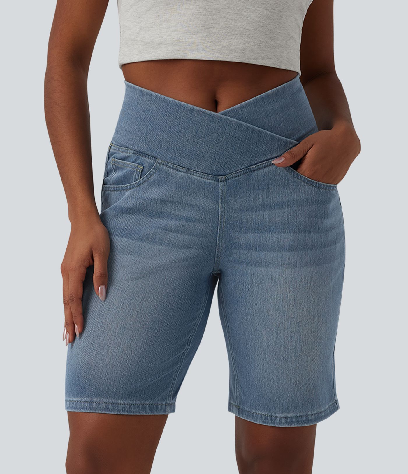 Short en jean Halara Flex™ casual gainant taille haute croisée avec poches