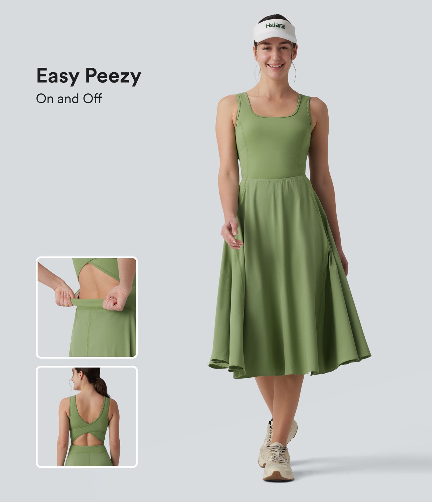 Breezeful™ - Rückenfreies 2-in-1 Midikleid mit eckigem Ausschnitt, Seitentaschen, integriertem BH und Crossover-Design - schnelltrocknend