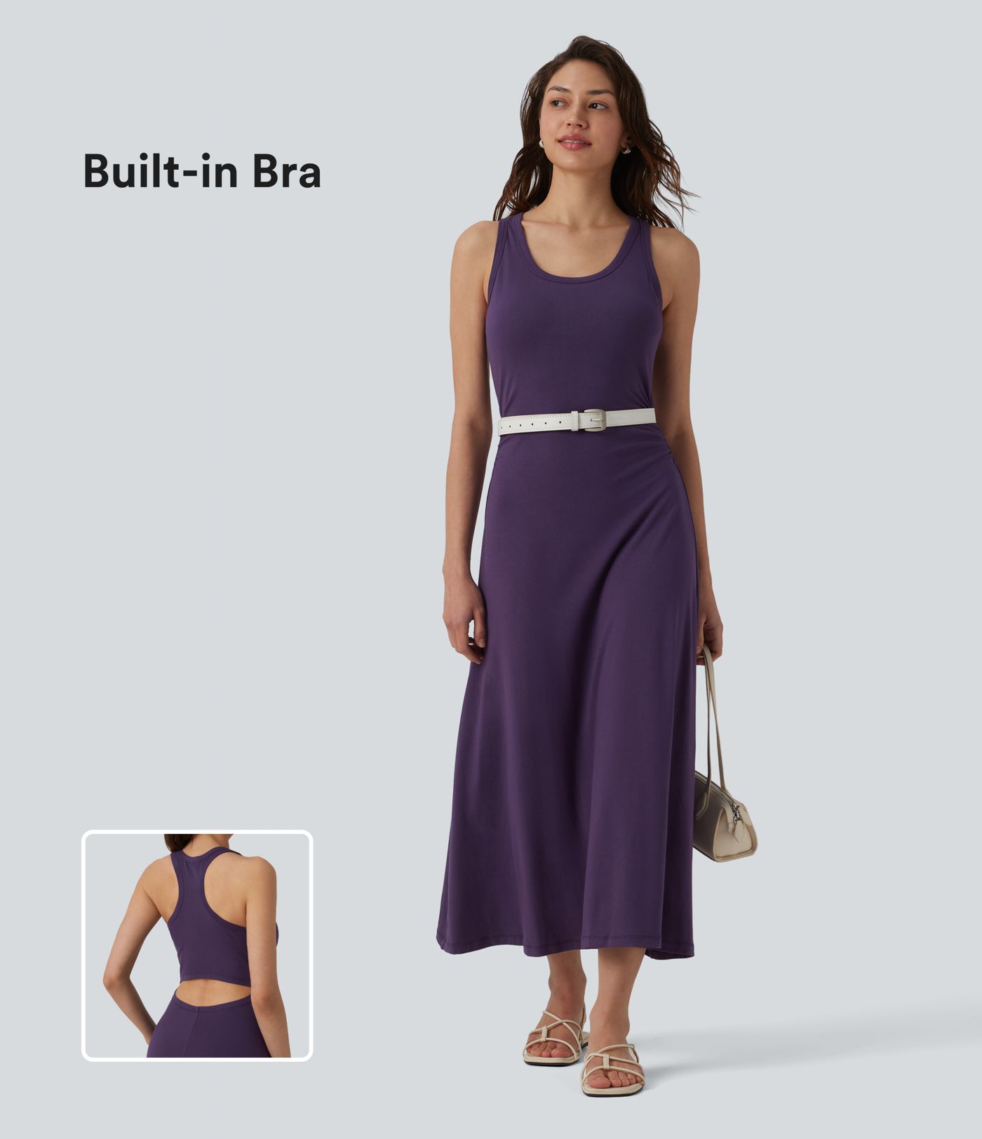 Racerback Sleeveless Ruched Built-in Bra Midi Casual Dress