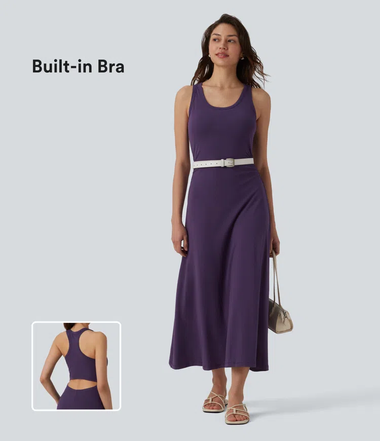 Racerback Sleeveless Ruched Built-in Bra Midi Casual Dress