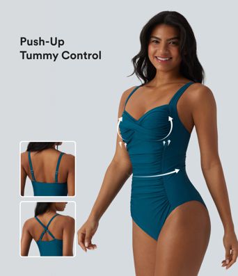 Queen Anne Neck Adjustable Straps Twisted Ruched Push-Up Tummy Control One Piece Swimsuit