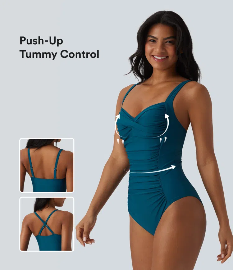 Queen Anne Neck Adjustable Straps Twisted Ruched Push-Up Tummy Control One Piece Swimsuit