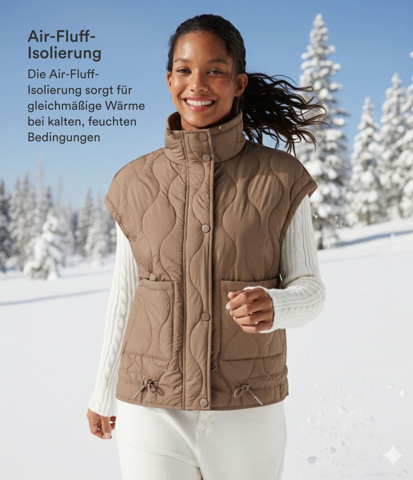 Lässige Kunstdaunen-Steppweste mit hohem Kragen, Seitentaschen und Kordelzug am Saum - wasserabweisend, langlebig