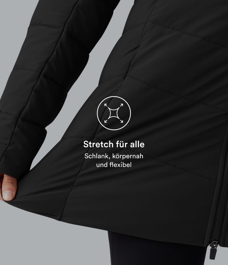 Lässige, lange Stretch-Steppjacke mit Kapuze, Seitentaschen und langen Ärmeln