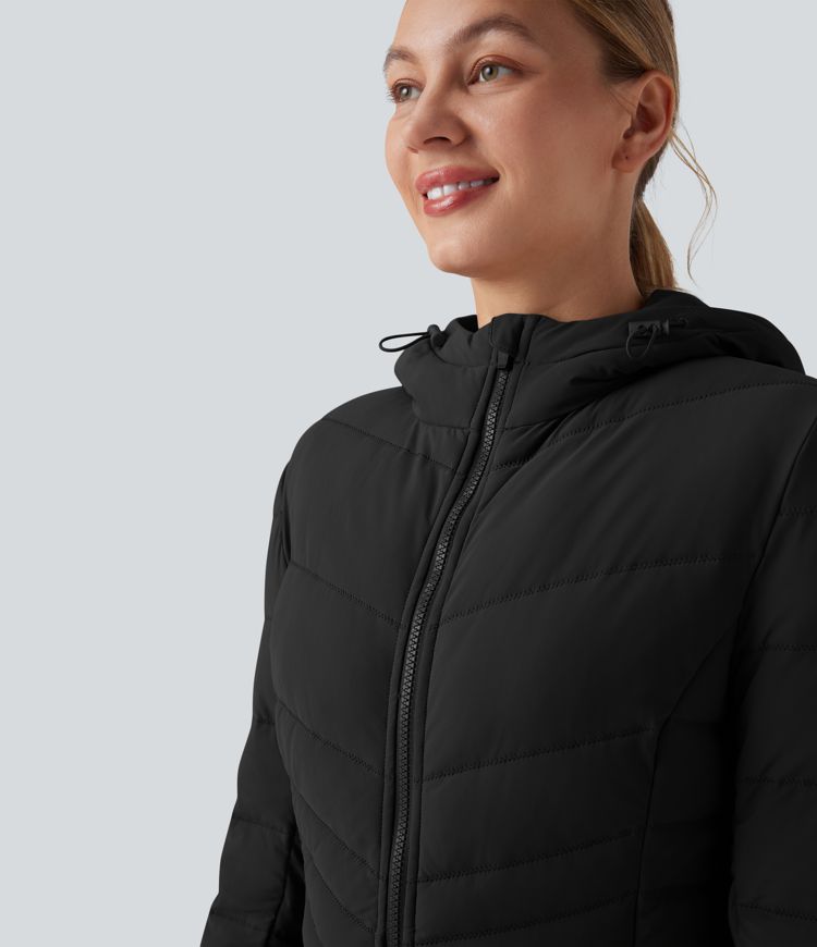 Lässige, lange Stretch-Steppjacke mit Kapuze, Seitentaschen und langen Ärmeln