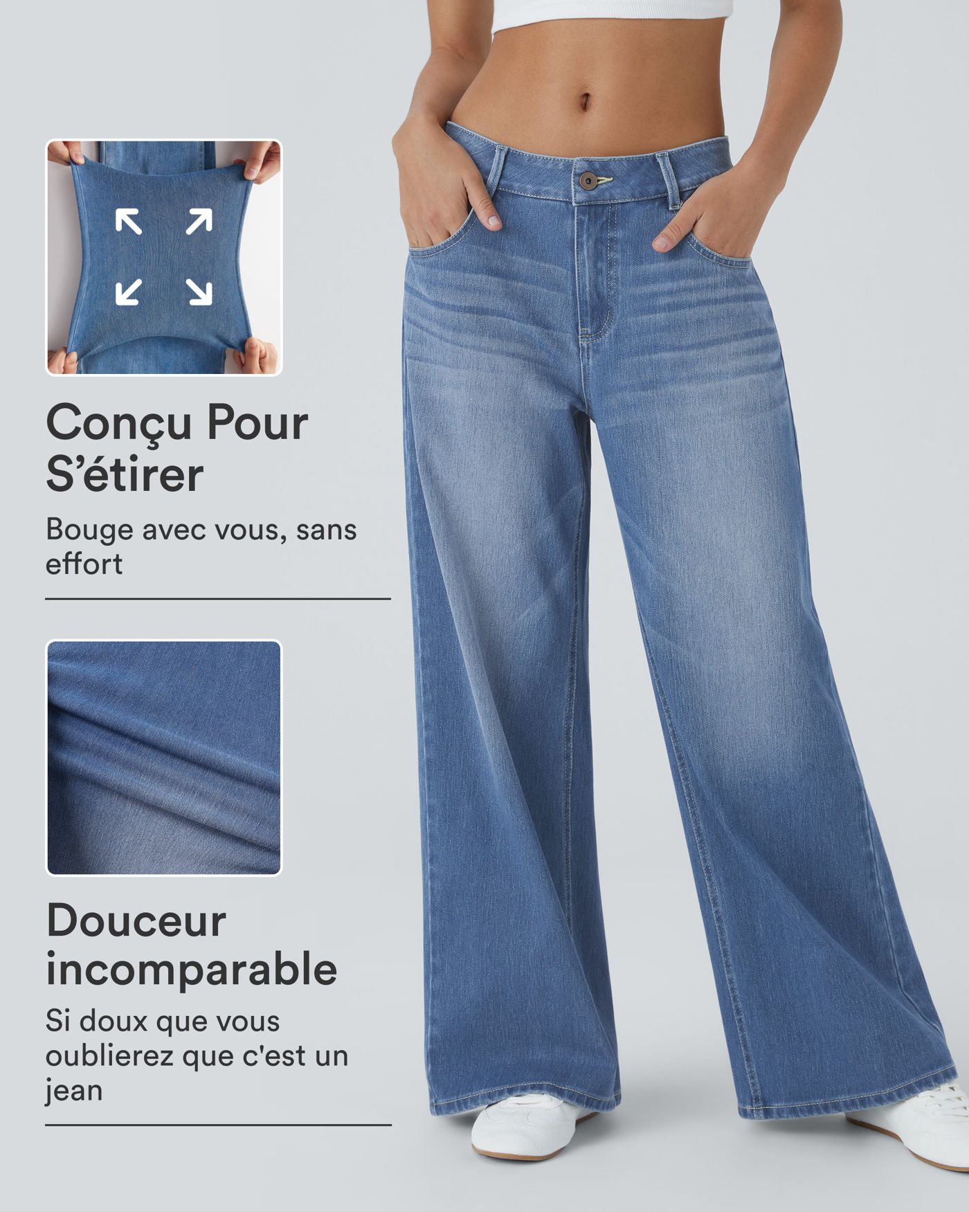 Halara Flex™ Jean Large Casual Taille Basse avec Boutons Zip Multiples Poches Lavés Élastiques et Tricotés