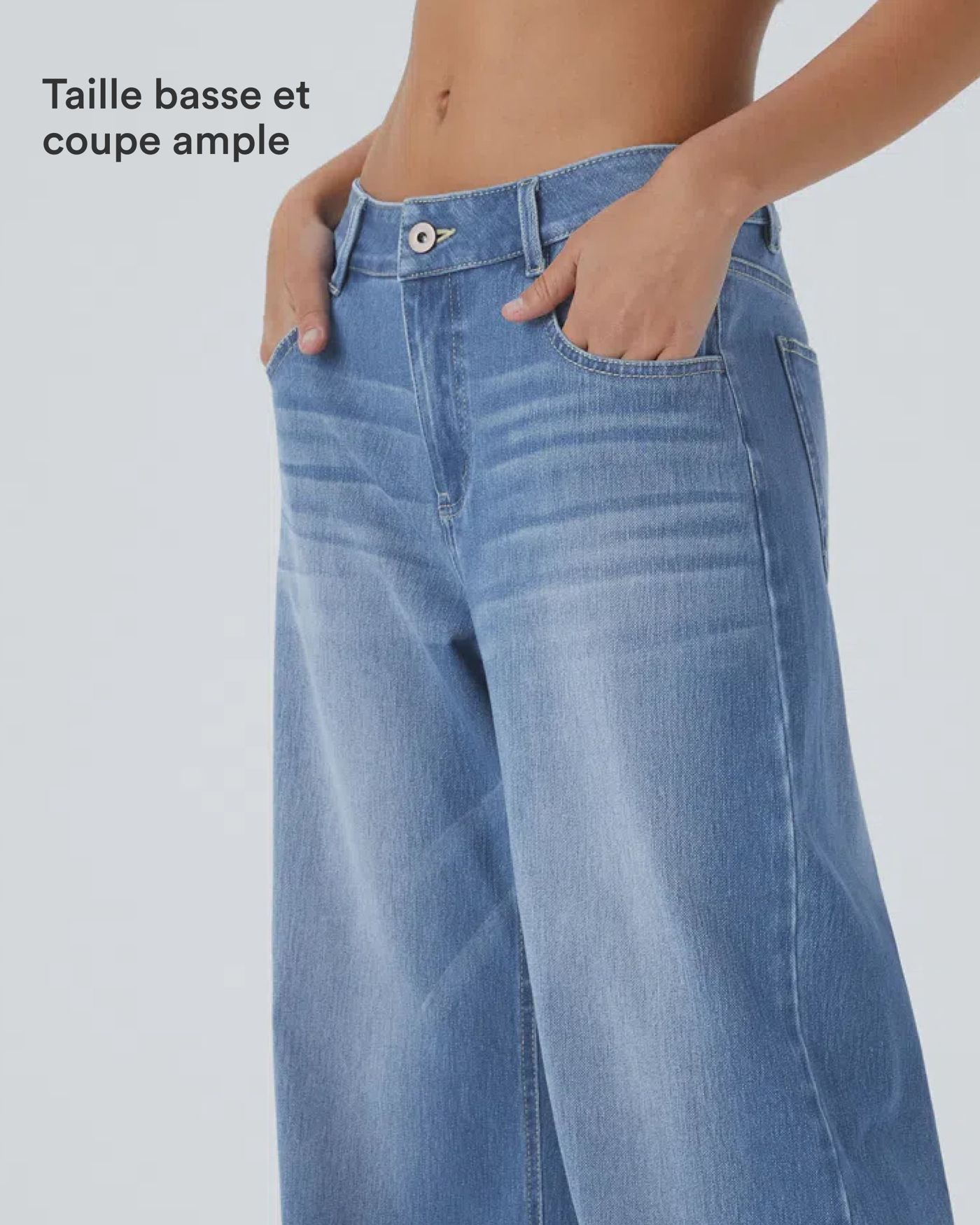 Halara Flex™ Jean Large Casual Taille Basse avec Boutons Zip Multiples Poches Lavés Élastiques et Tricotés