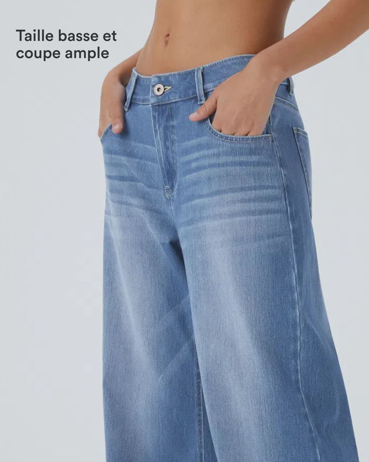 Halara Flex™ Jean Large Casual Taille Basse avec Boutons Zip Multiples Poches Lavés Élastiques et Tricotés
