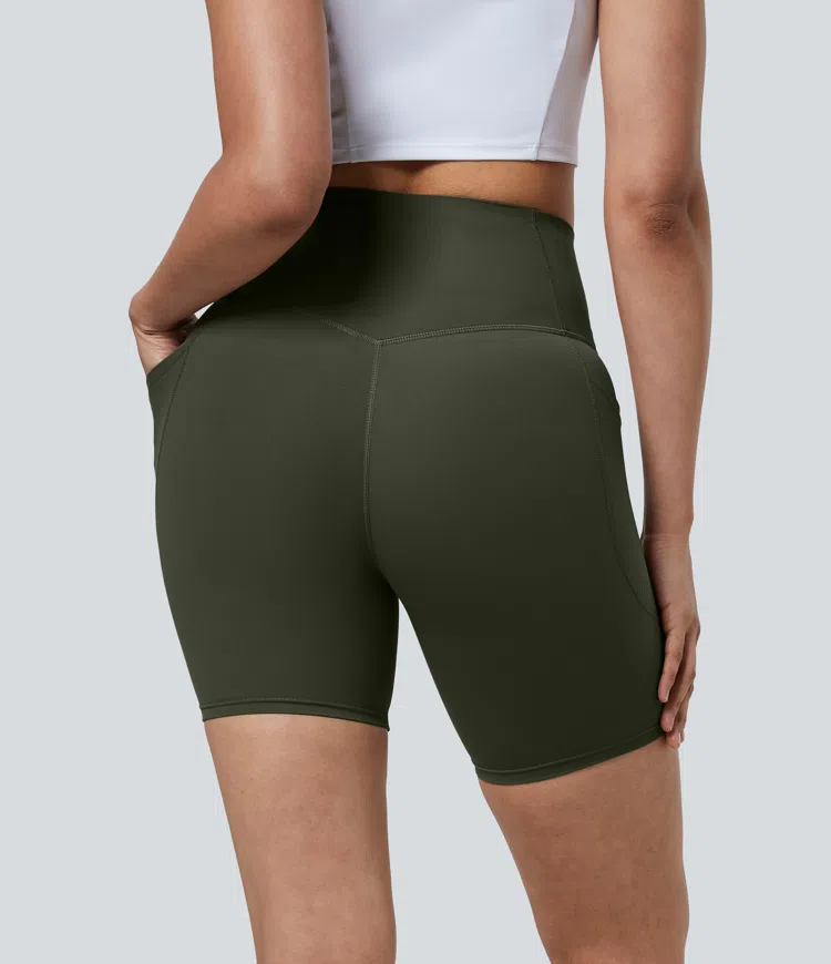 Deep Woodland Green Halara UltraSculpt™ High Waisted Tummy Control Pocket Shaping Training Biker Shorts 7'' / 2