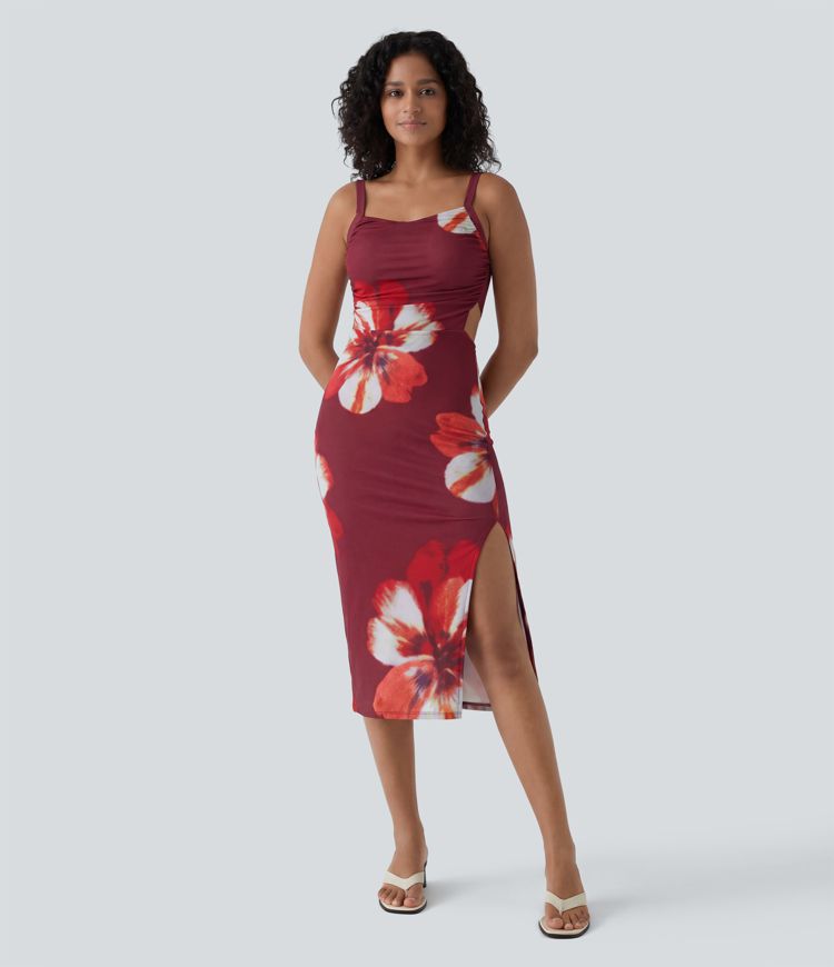 SoftlyZero™ Robe midi moulante à lacets, légère, à fleurs, toucher frais