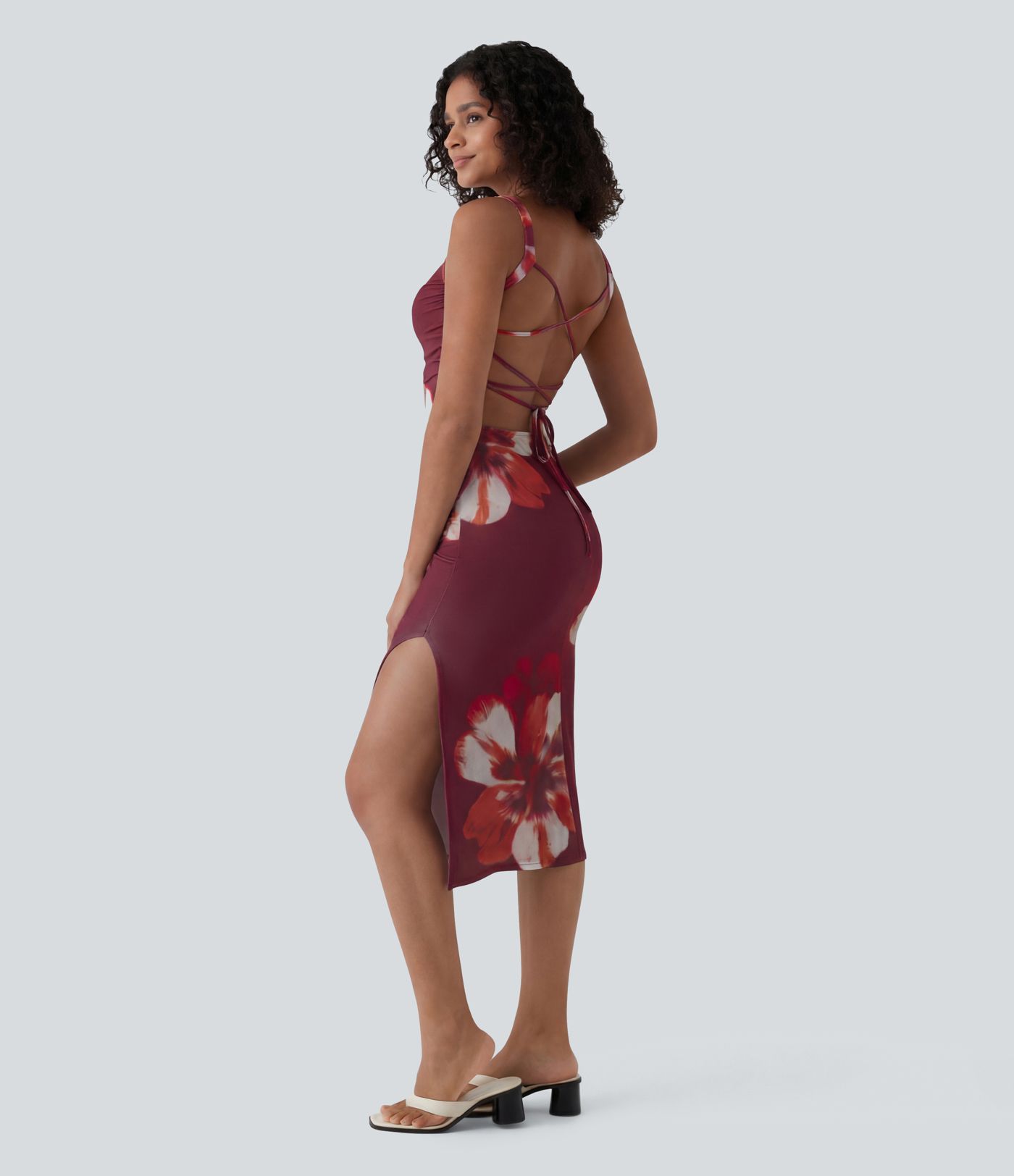 SoftlyZero™ Robe midi moulante à lacets, légère, à fleurs, toucher frais