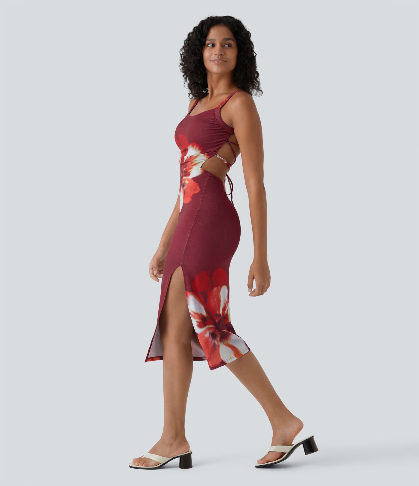 SoftlyZero™ Robe midi moulante à lacets, légère, à fleurs, toucher frais