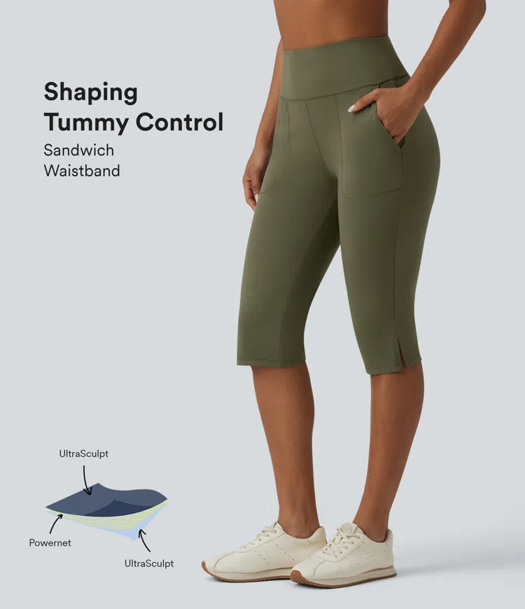 Halara UltraSculpt™ High Waisted Tummy Control Split Hem Pedal Pusher Slim Yoga Leggings with Pockets