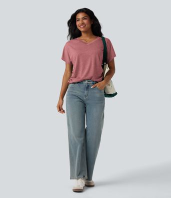 V-neck Short Sleeve Ruched Relaxed Casual Top