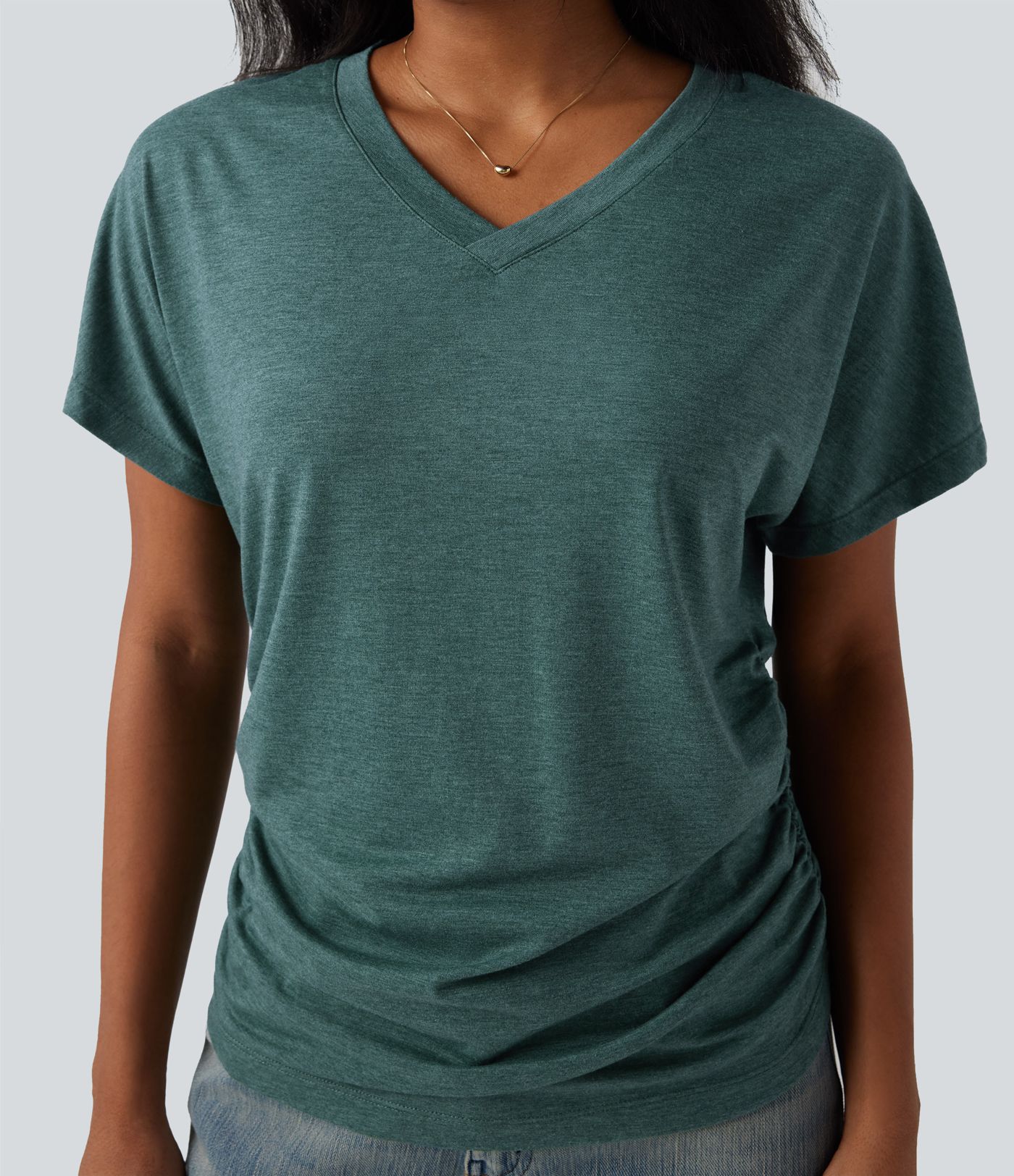 V-neck Short Sleeve Ruched Relaxed Casual Top